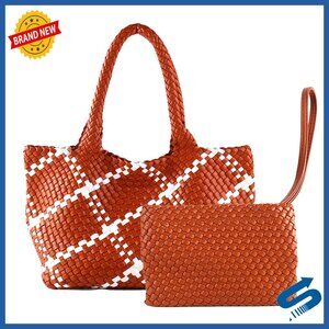 Large Vegan Leather Woven Tote Bag with Magnetic Closure & Wristlet